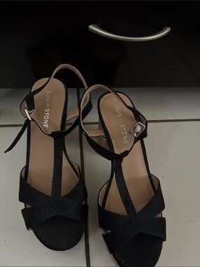 Sun + Stone Black Suede T-Strap Sandals with Ankle Buckle